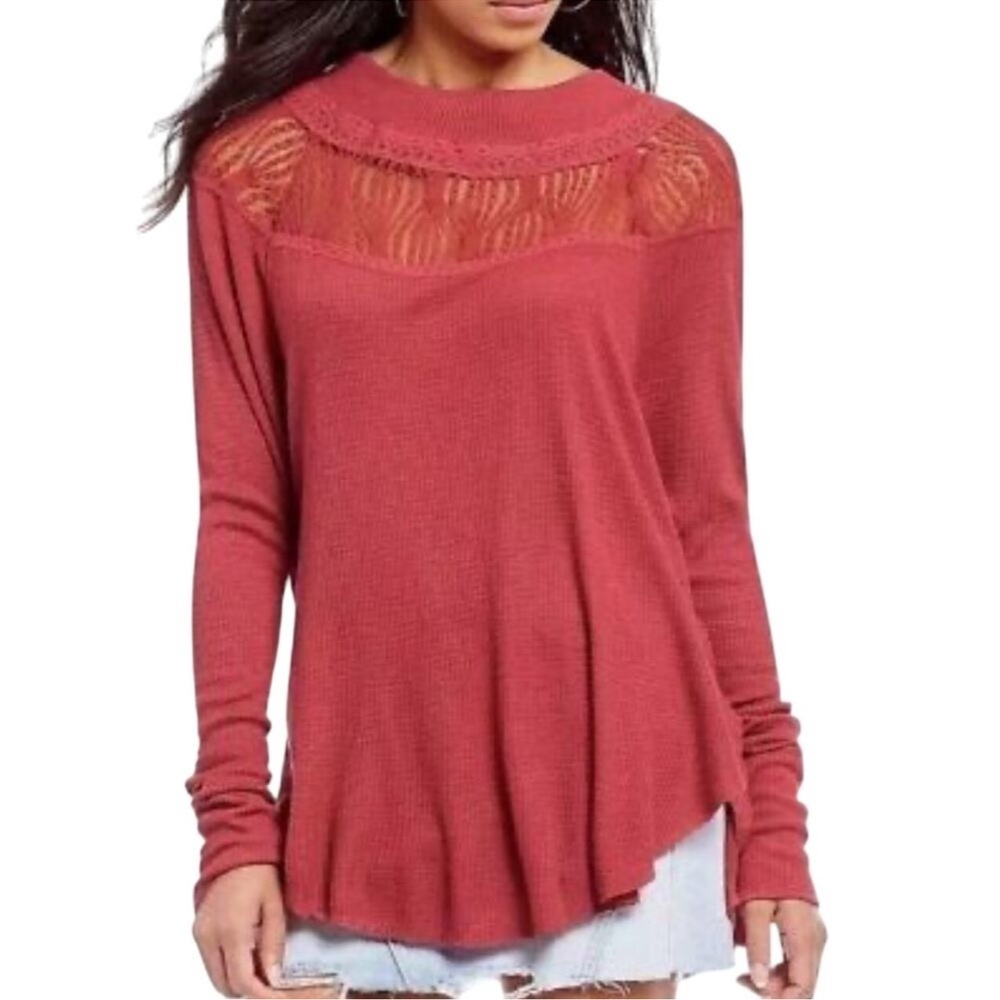NWT Free people Spring valley red lace thermal long sleeve top women size XS